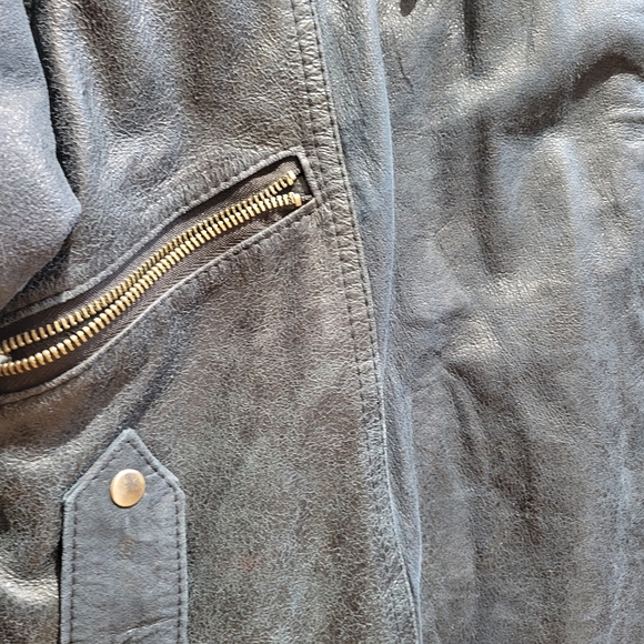 Men's Dark Blue Leather Bomber Jacket - Picture 4 of 13